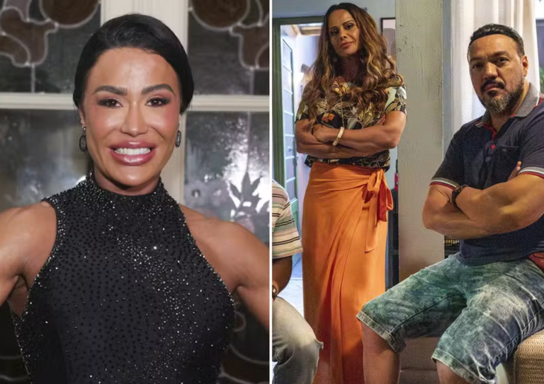 Gracyanne Barbosa, ex-mulher de Belo, torce por beijo entre personagens de Belo e Viviane Araújo (outra ex dele) em 'Três Graças' - Foto: Lucas Ramos/BrazilNews e Gabriel Vaguel/Globo