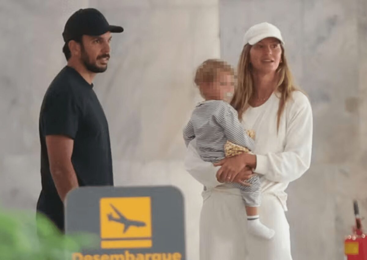 Gisele Bündchen desembarcou no Rio de Janeiro acompanhada de Joaquim Valente, seu marido, e o filho do casal, River, de 1 ano